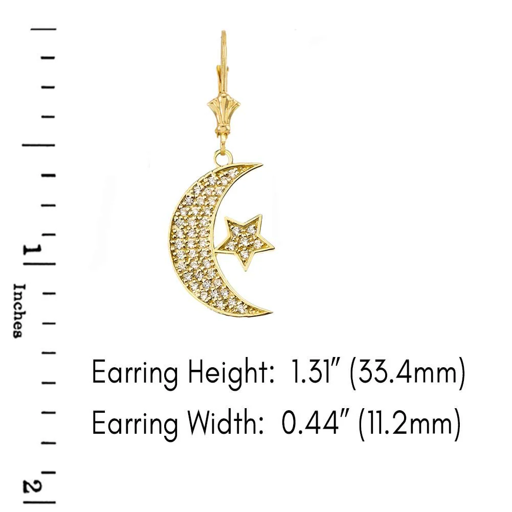 14k Gold Crescent Moon and Star Symbol Cubic Zirconia Earrings - Image 7