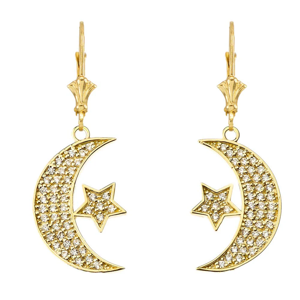14k Gold Crescent Moon and Star Symbol Cubic Zirconia Earrings - Image 4