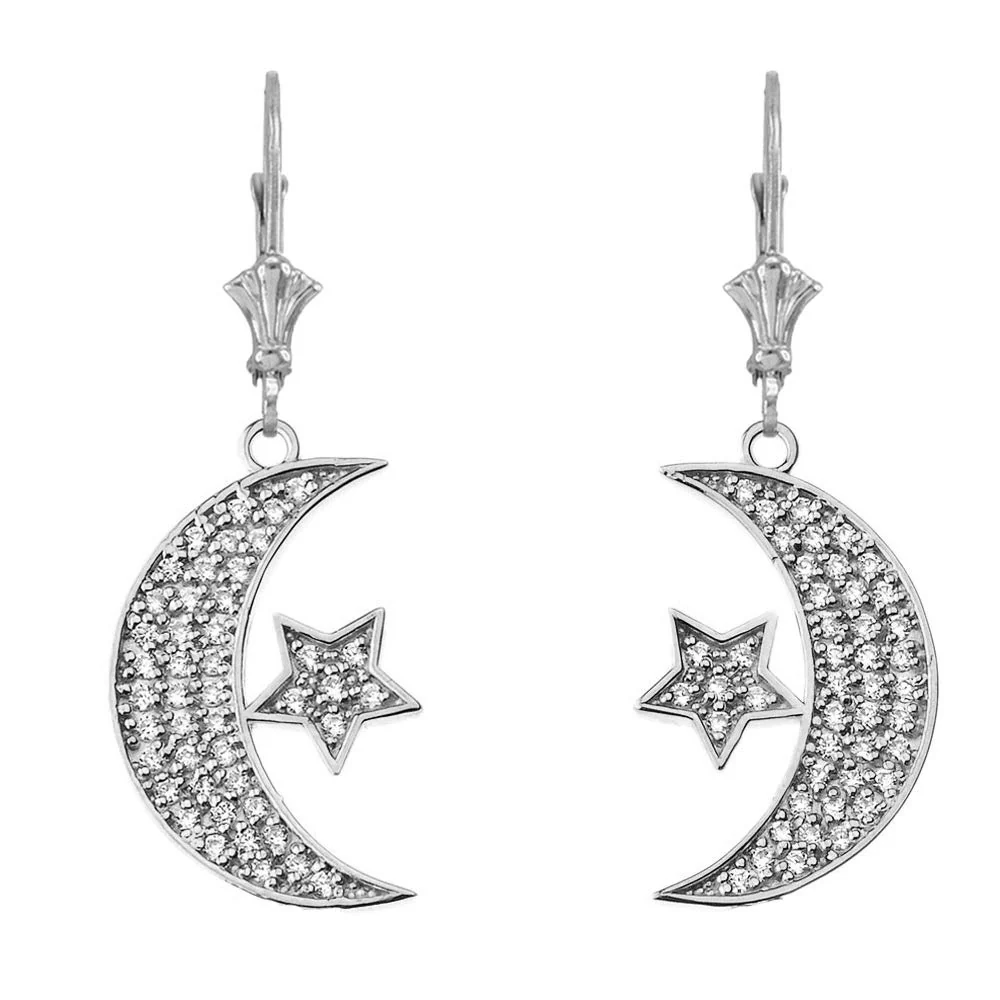 14k Gold Crescent Moon and Star Symbol Cubic Zirconia Earrings - Image 3